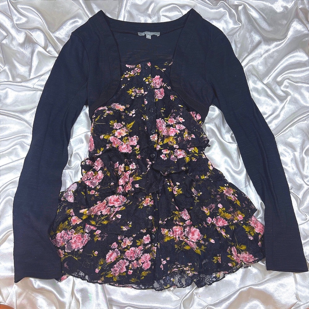 y2k Top Black Excellent Floral Lace Tiered Ruffle Shrug 2-in-1 NY Collection M
